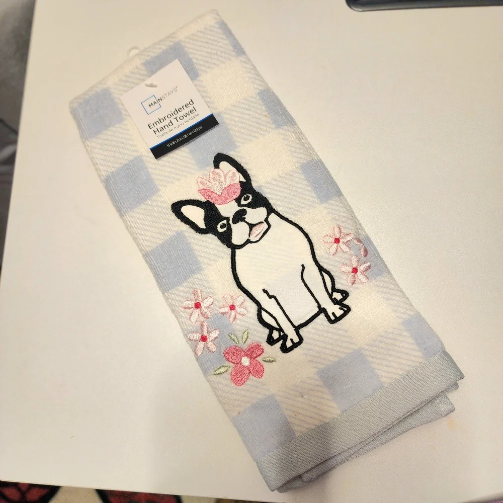 Embroidered Hand Towel French Bulldog Boston Terrier Blue White NWT